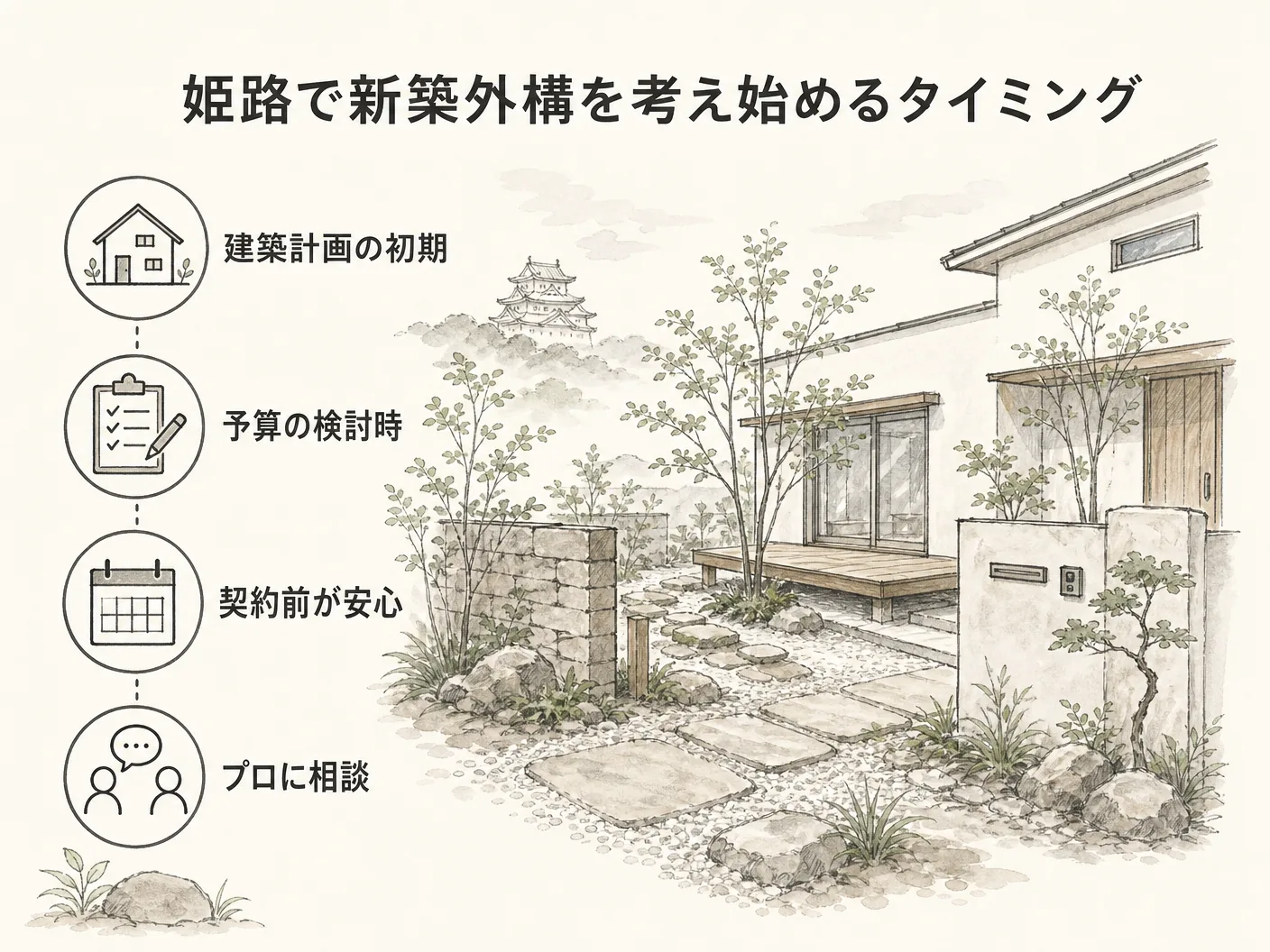 姫路で新築外構を考え始めるタイミングを表す図解イラスト