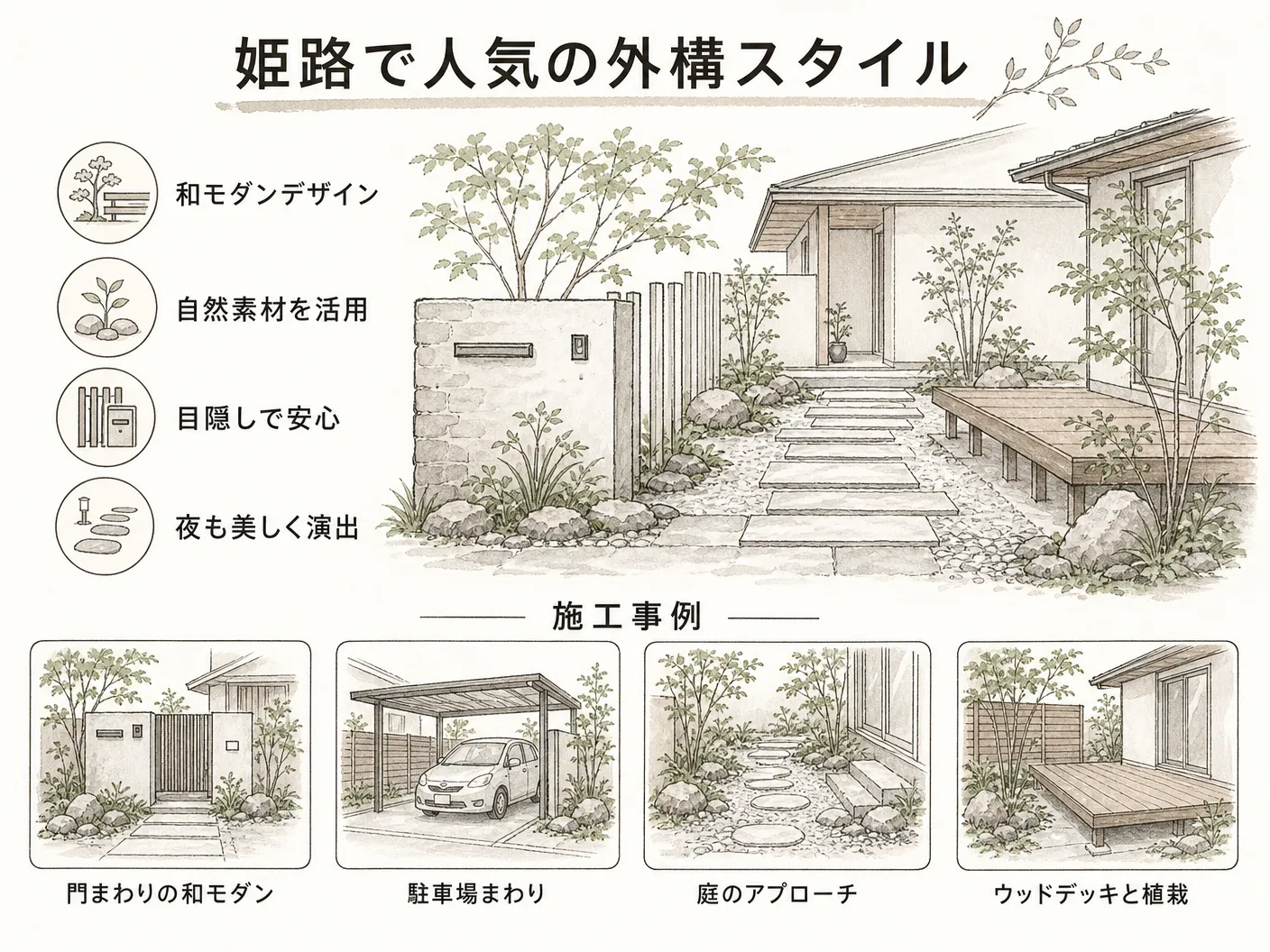 新築の姫路で人気の外構スタイルと施工事例を表す図解イラスト