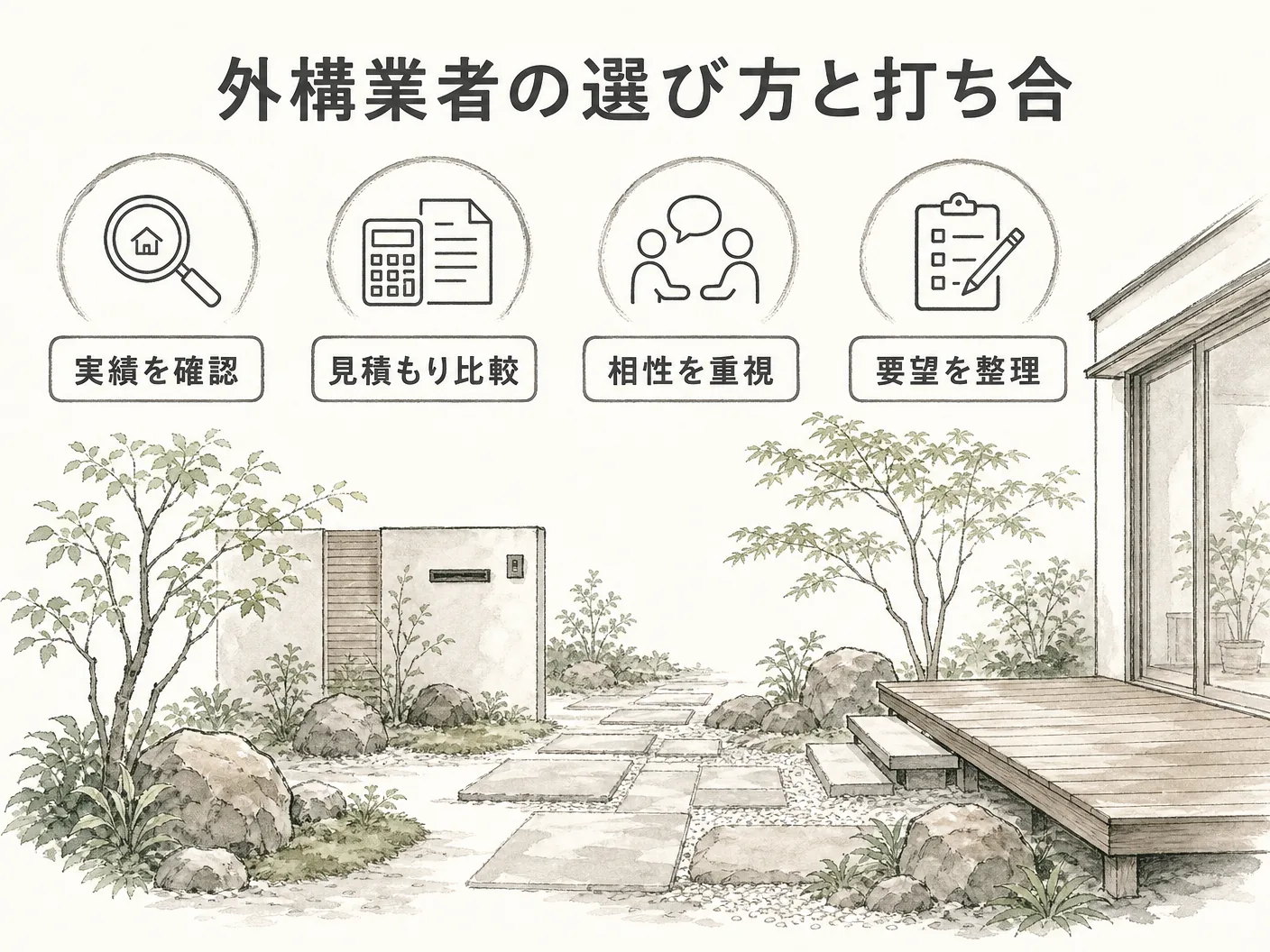 姫路 新築の外構業者の選び方と打ち合わせのポイントを表す図解イラスト