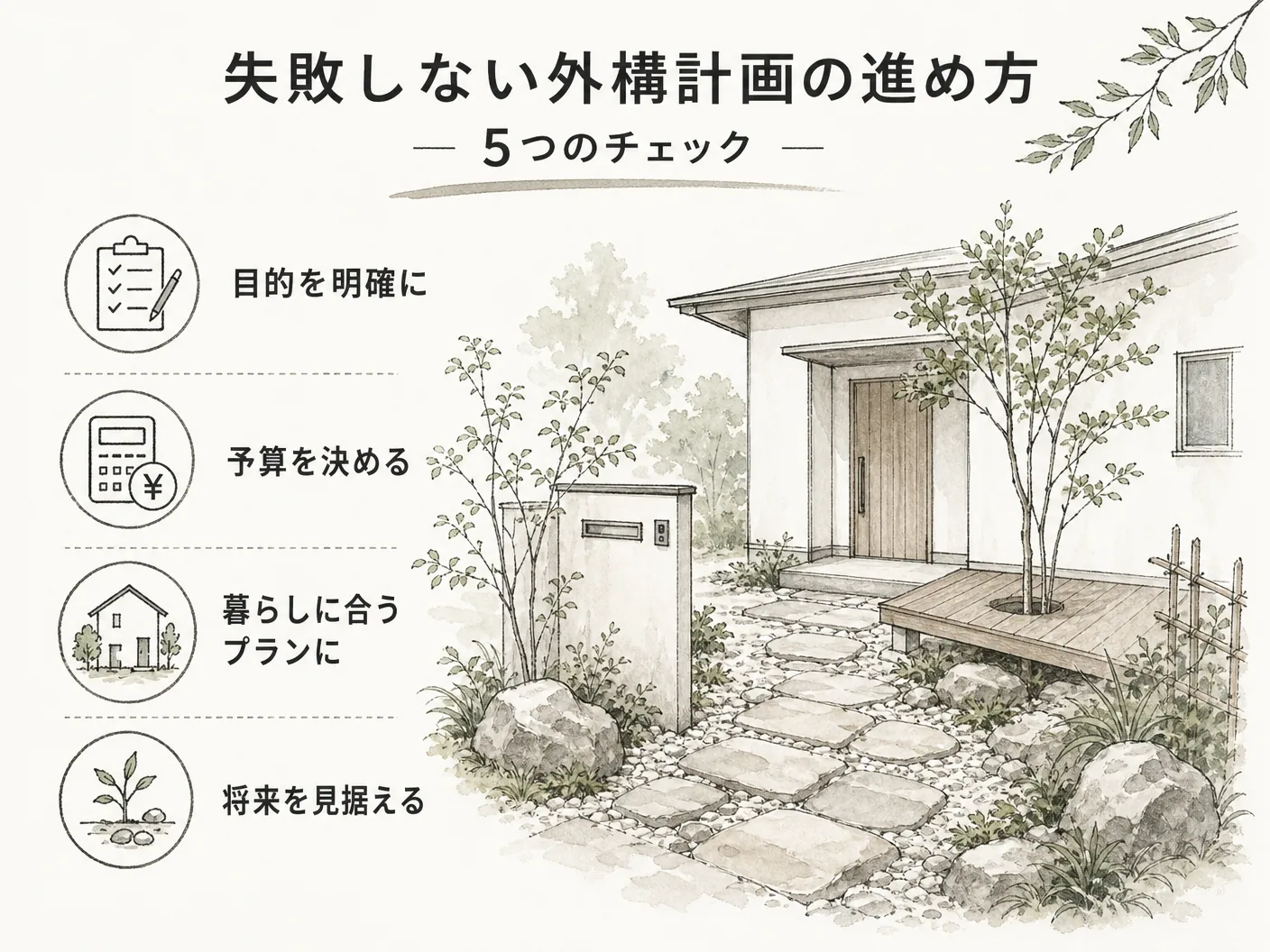 姫路 新築の失敗しない外構計画の進め方5つのチェックを表す図解イラスト