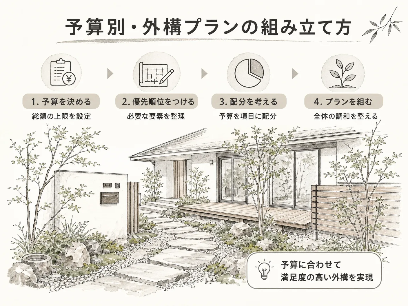 姫路 新築の予算別・外構プランの組み立て方を表す図解イラスト