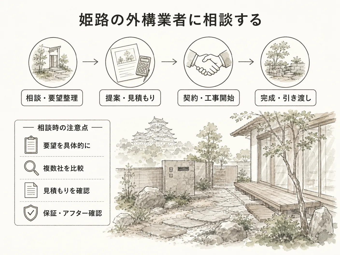 新築の姫路の外構業者に相談する流れと注意点を表す図解イラスト