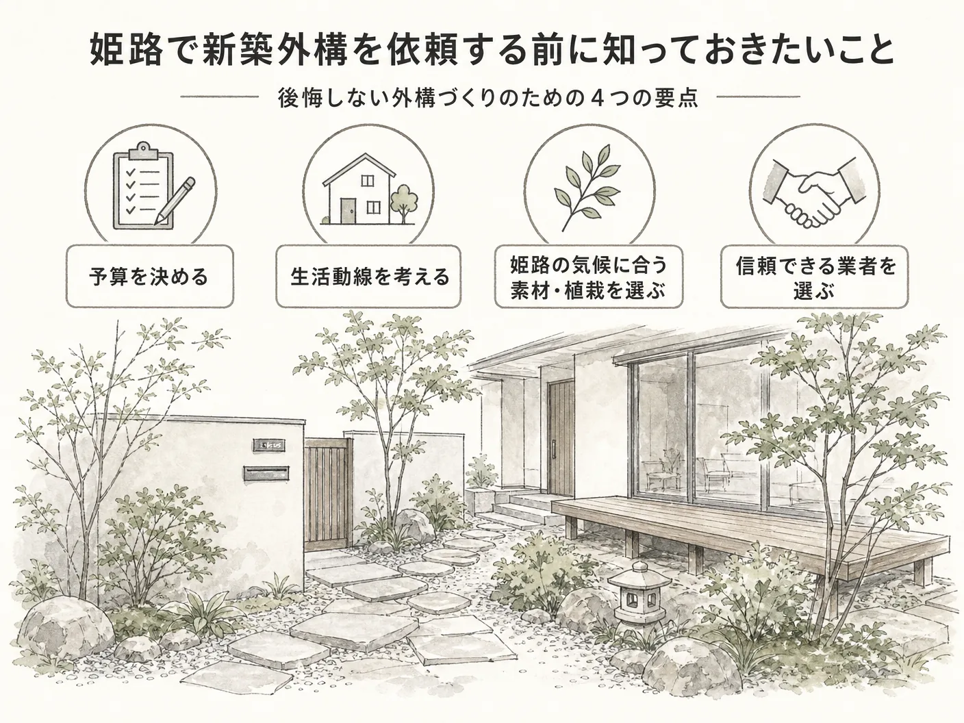 姫路で新築外構を依頼する前に知っておきたいことを表す図解イラスト