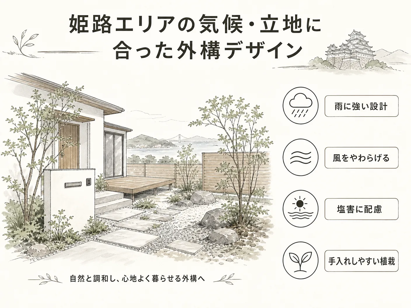 新築の姫路エリアの気候・立地に合った外構デザインを表す図解イラスト