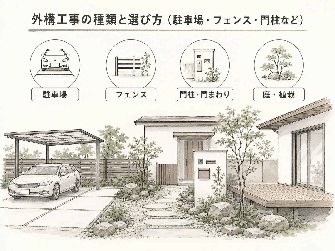 姫路 新築の外構工事の種類と選び方（駐車場・フェンス・門柱など）を表す図解イラスト