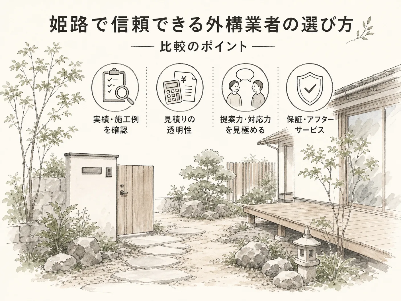 新築の姫路で信頼できる外構業者の選び方・比較のポイントを表す図解イラスト