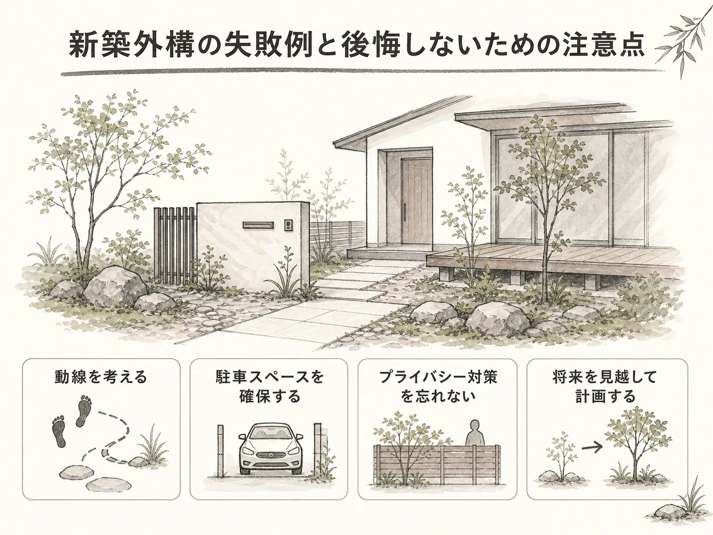 姫路の新築外構の失敗例と後悔しないための注意点を表す図解イラスト