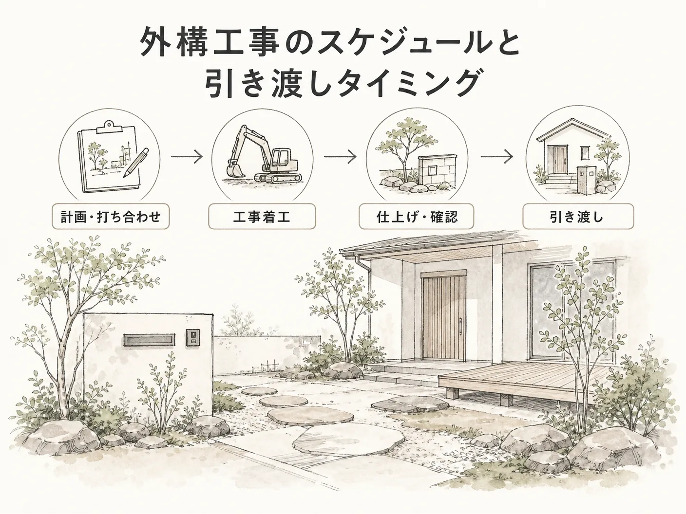 姫路 新築の外構工事のスケジュールと引き渡しタイミングを表す図解イラスト