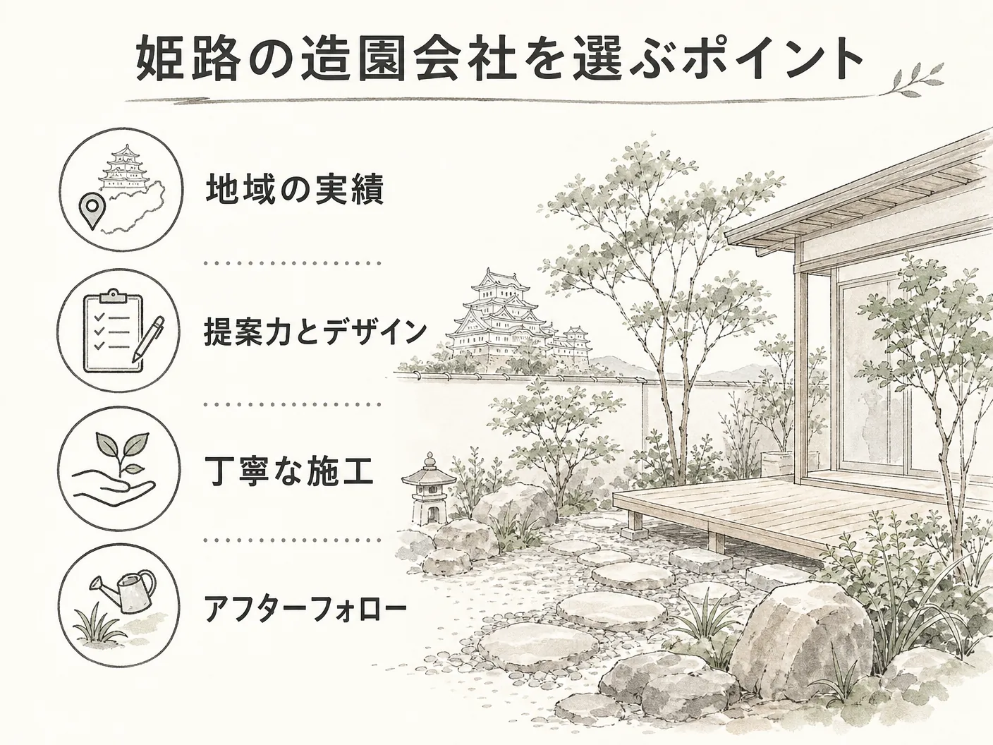姫路の造園会社を選ぶポイントを表す図解イラスト