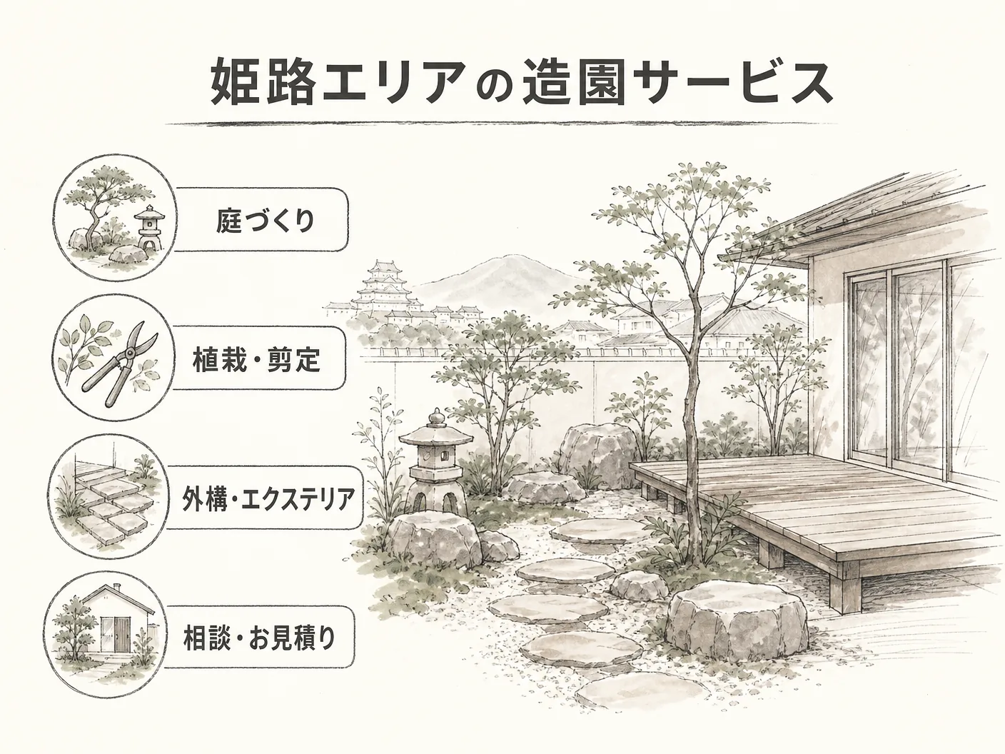 姫路エリアの造園サービス内容を表す図解イラスト