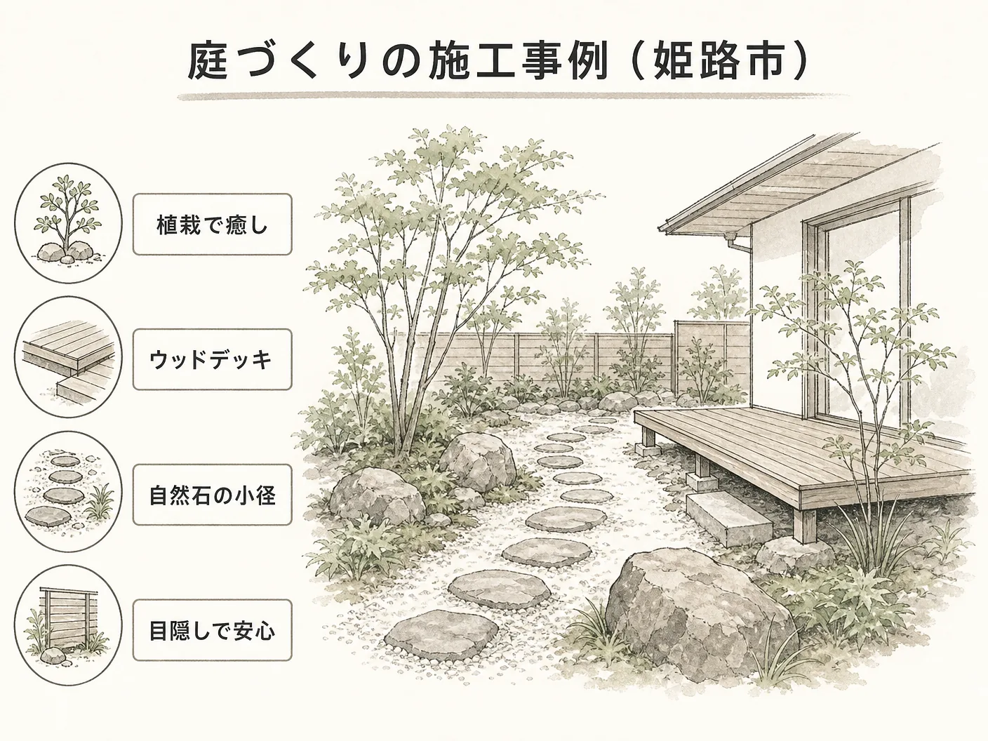 造園の庭づくりの施工事例(姫路市)を表す図解イラスト