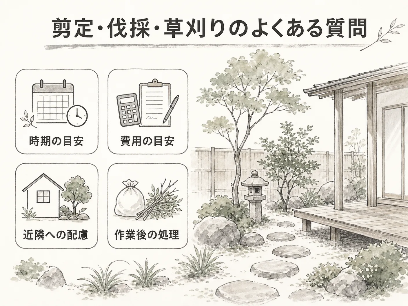 姫路 造園の剪定・伐採・草刈りのよくある質問を表す図解イラスト