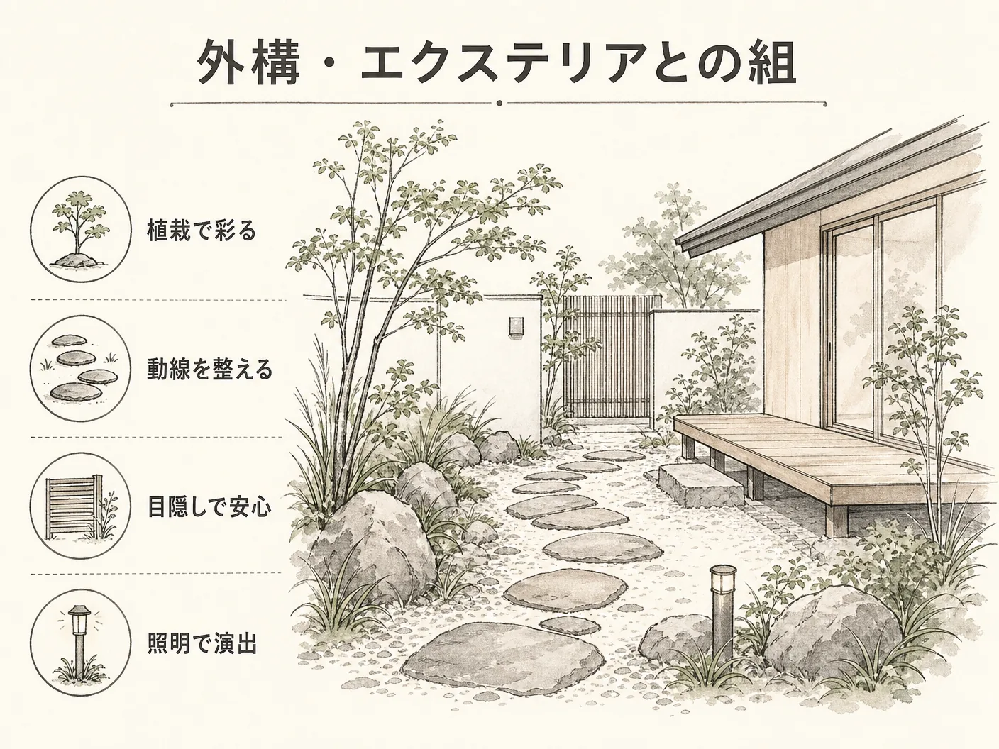 姫路 造園の外構・エクステリアとの組み合わせ提案を表す図解イラスト