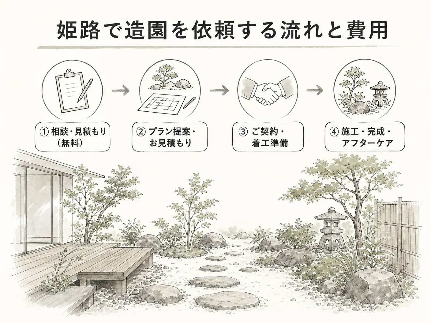 姫路で造園を依頼する流れと費用を表す図解イラスト