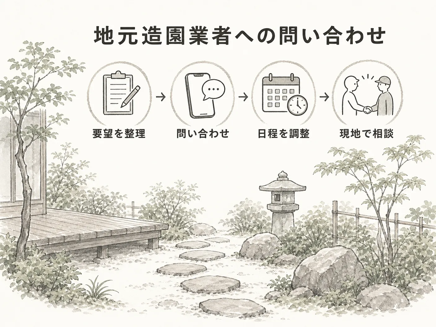 姫路の地元造園業者への問い合わせ方法を表す図解イラスト