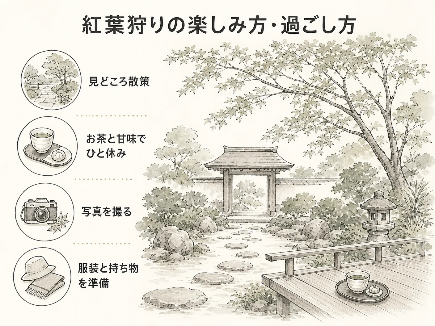 紅葉狩りの楽しみ方・過ごし方を表す図解イラスト