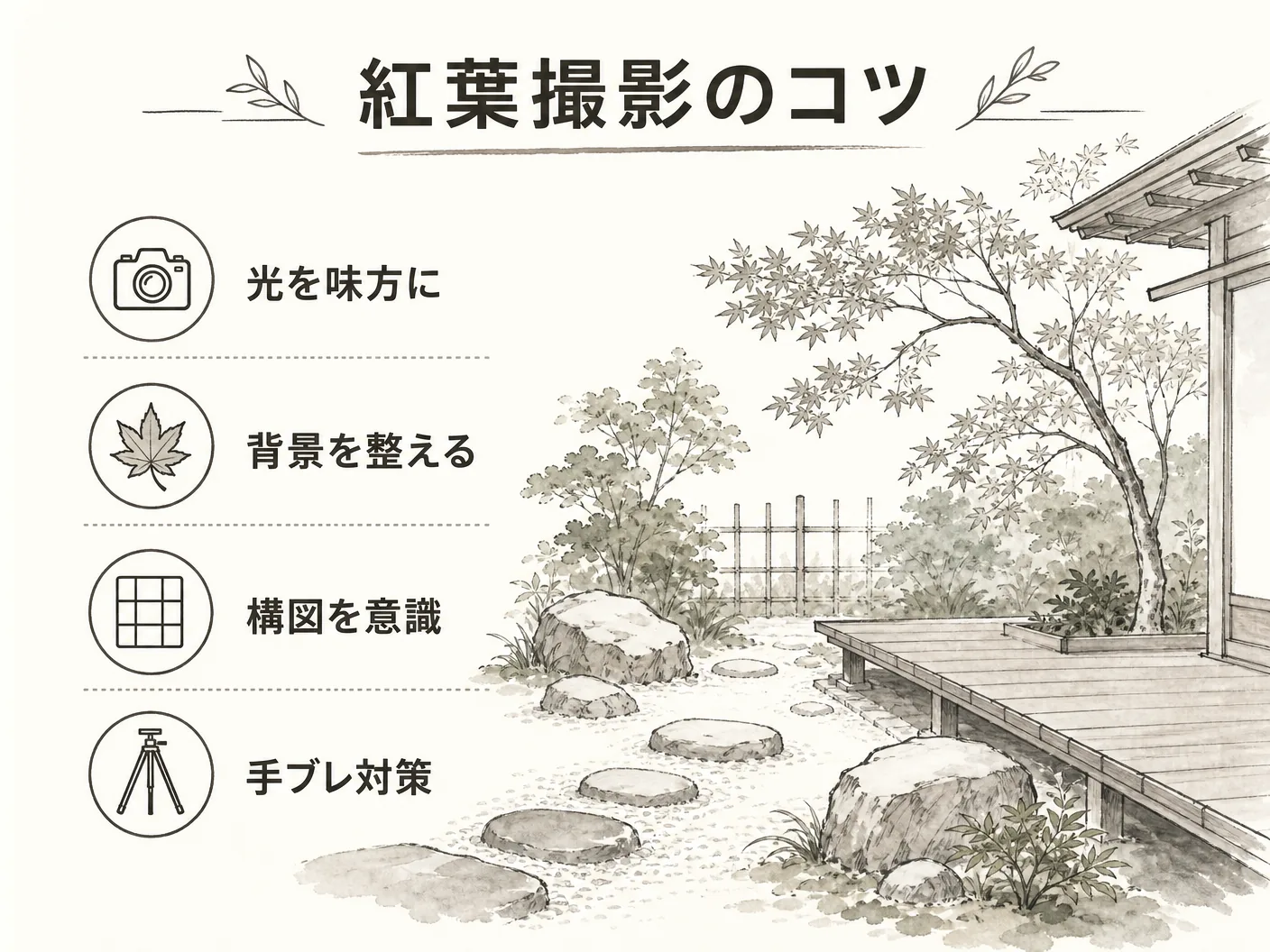 紅葉撮影のコツを表す図解イラスト