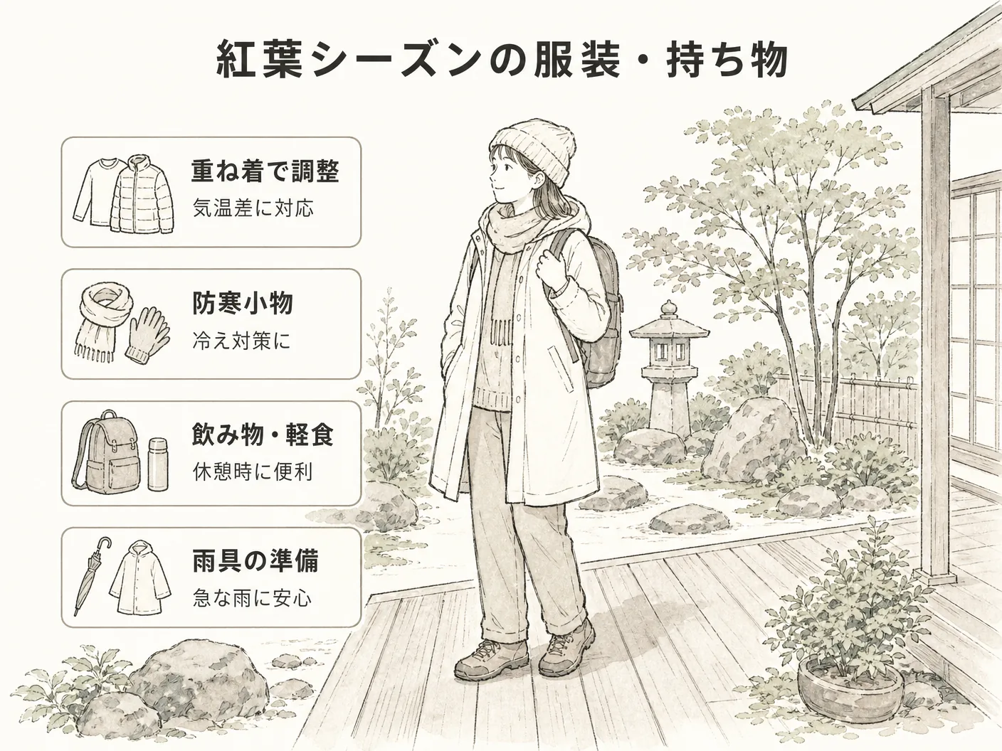 紅葉シーズンの服装・持ち物を表す図解イラスト