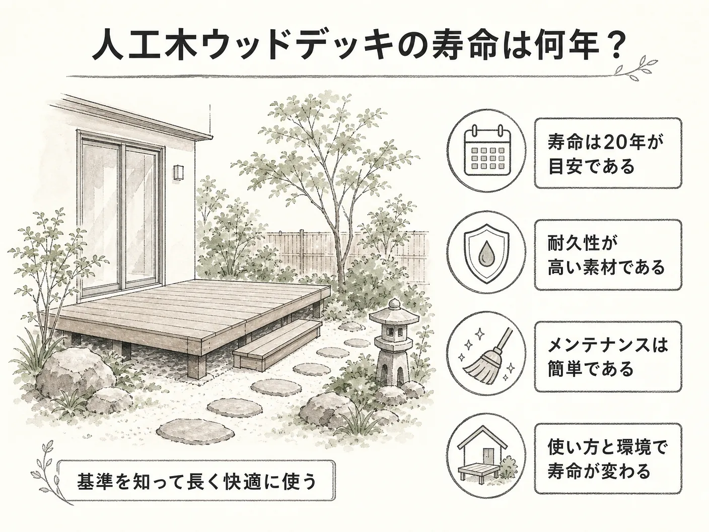 人工木ウッドデッキの寿命は何年?まず知っておくべき基準を表す図解イラスト