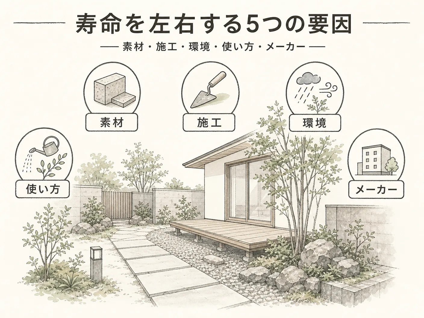 人工木ウッドデッキの寿命を左右する5つの要因——素材・施工・環境・使い方・メーカーを表す図解イラスト