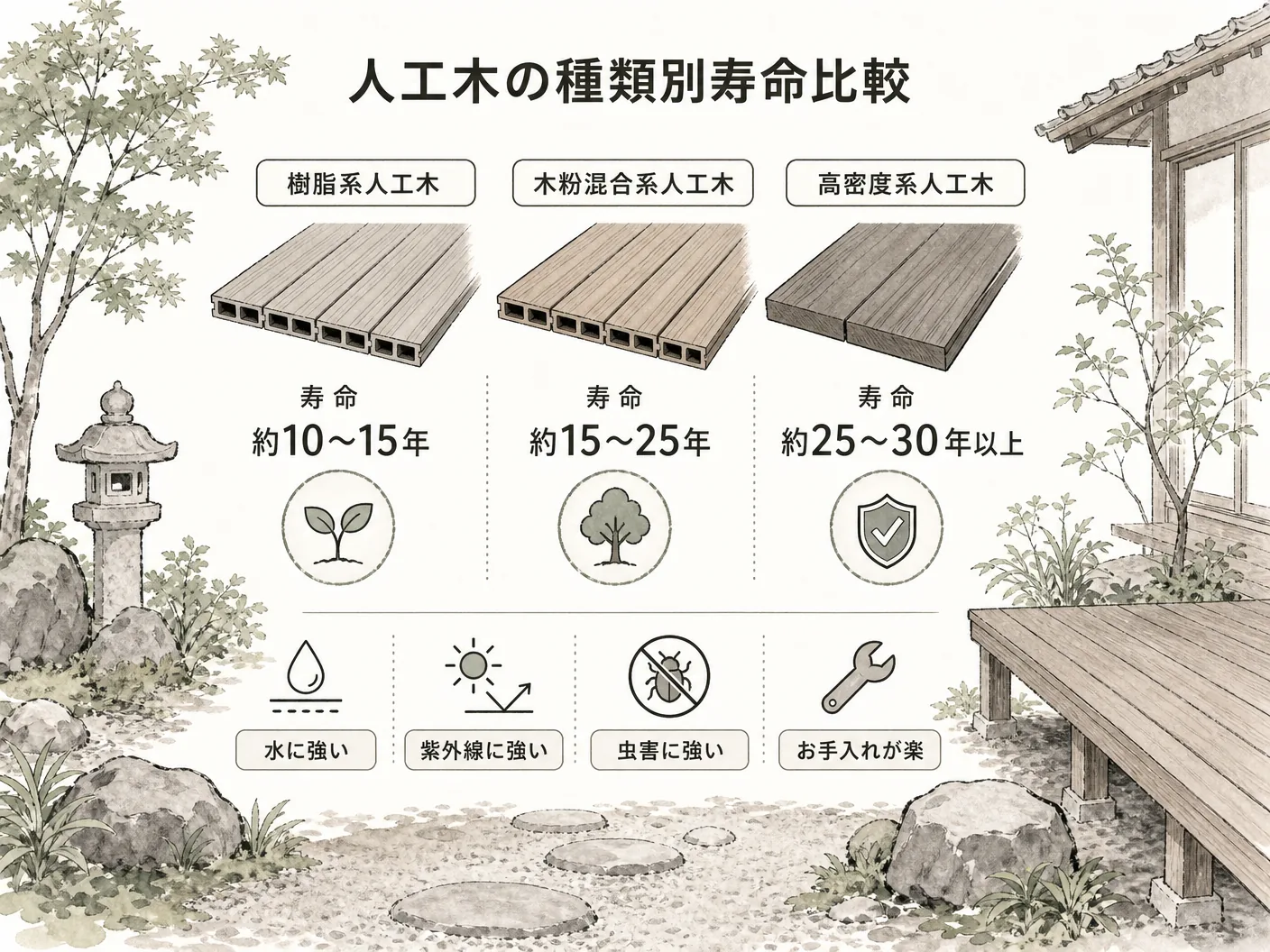 人工木ウッドデッキの人工木の種類別寿命比較——樹脂系・木粉混合系・高密度系の違いを表す図解イラスト