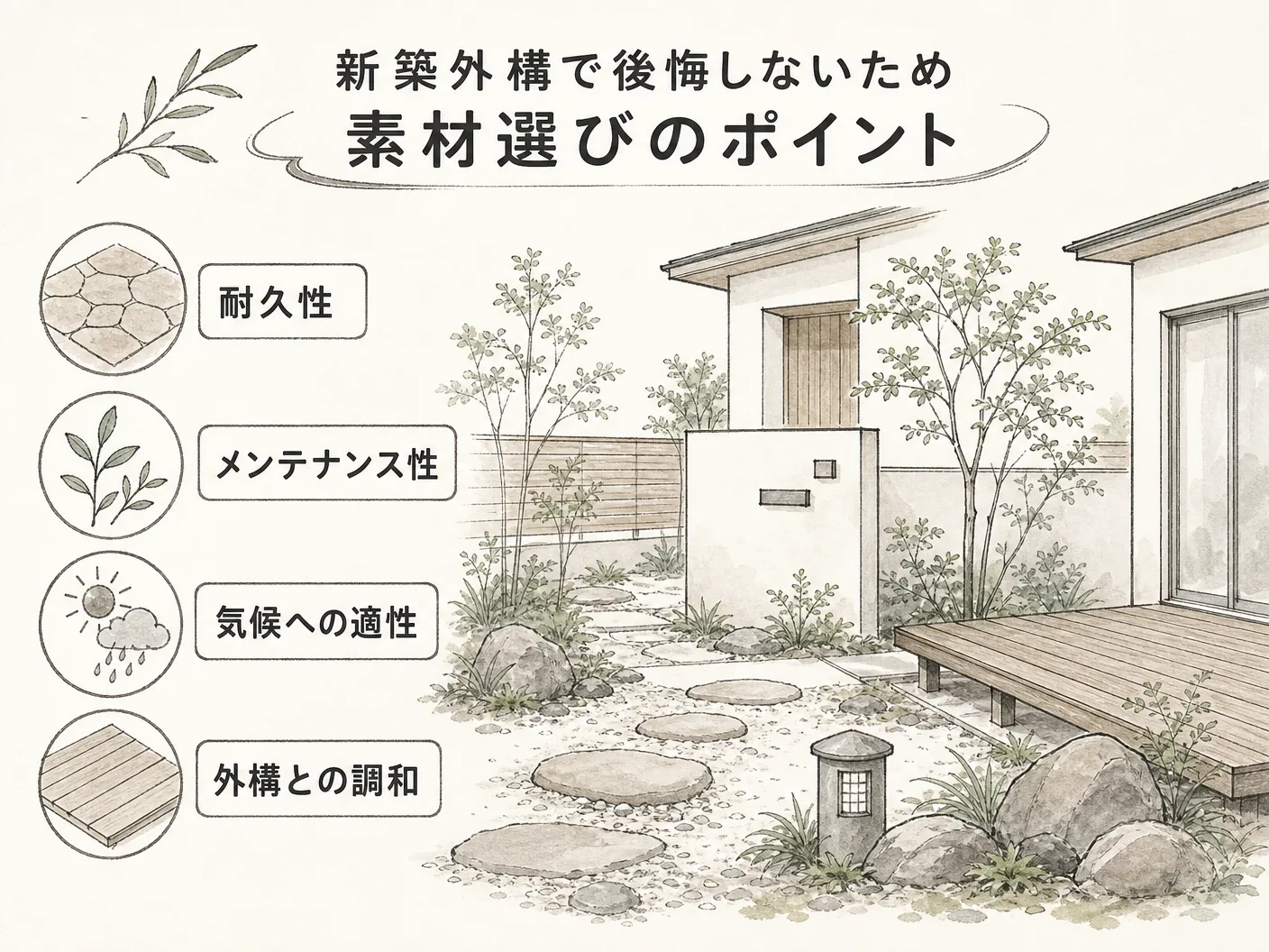 人工木ウッドデッキ 寿命の新築外構で後悔しないための素材選びのポイントを表す図解イラスト