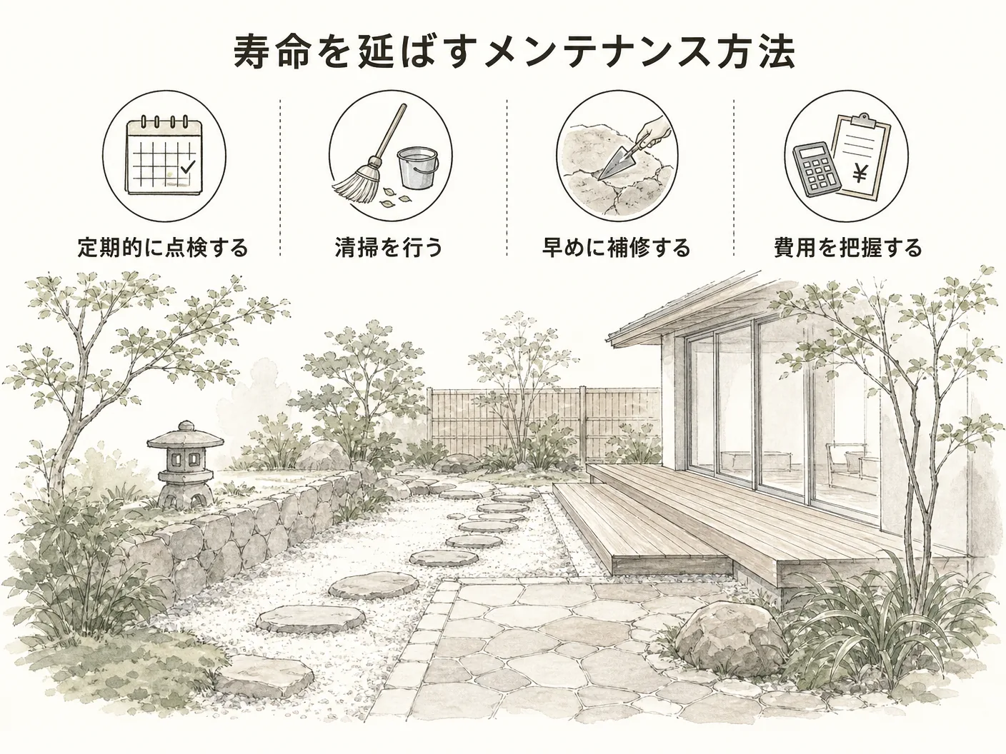 人工木ウッドデッキの寿命を延ばすメンテナンス方法——頻度・手順・費用の目安を表す図解イラスト