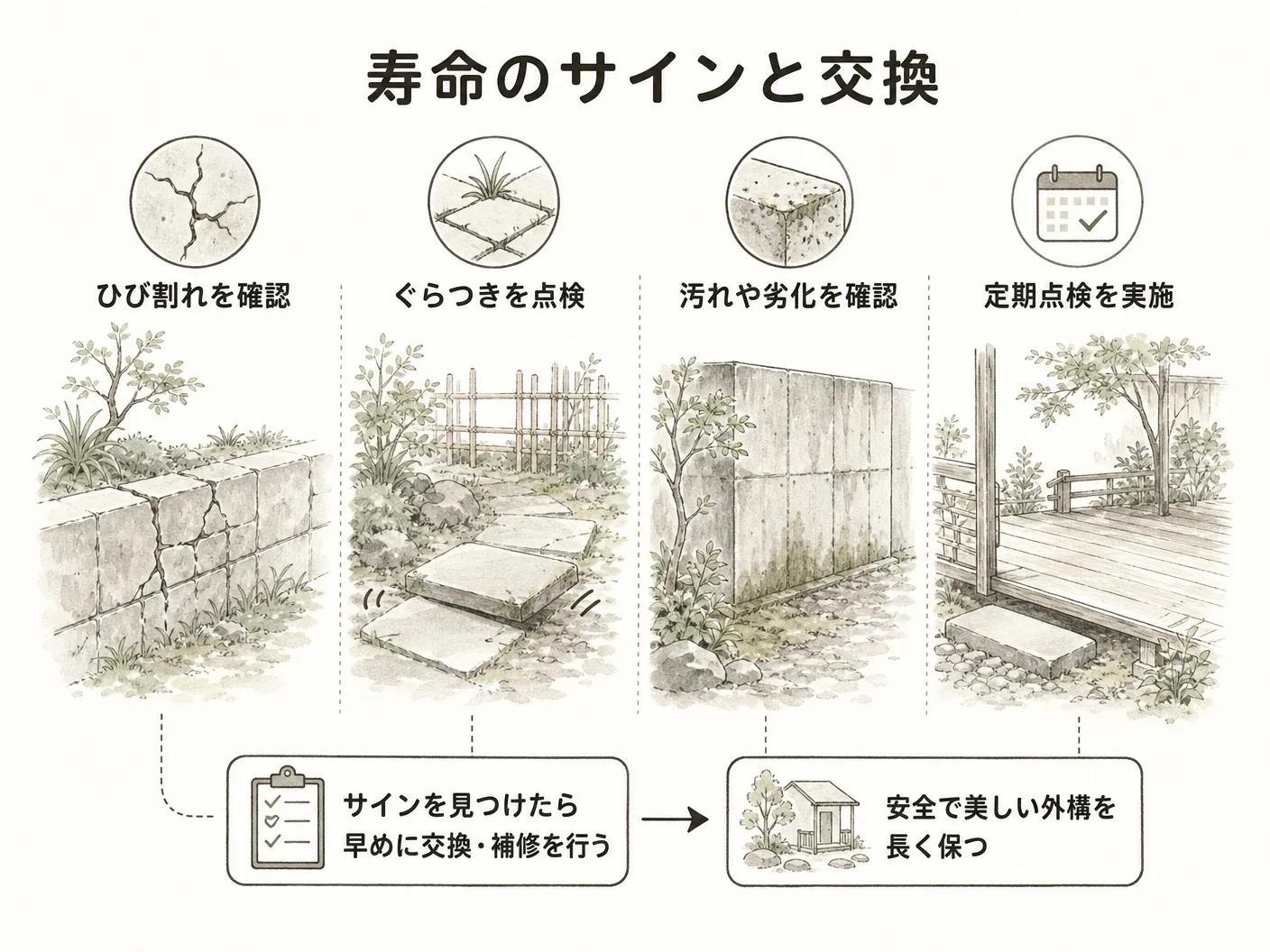 人工木ウッドデッキの寿命のサインと交換・補修のタイミングの見極め方を表す図解イラスト
