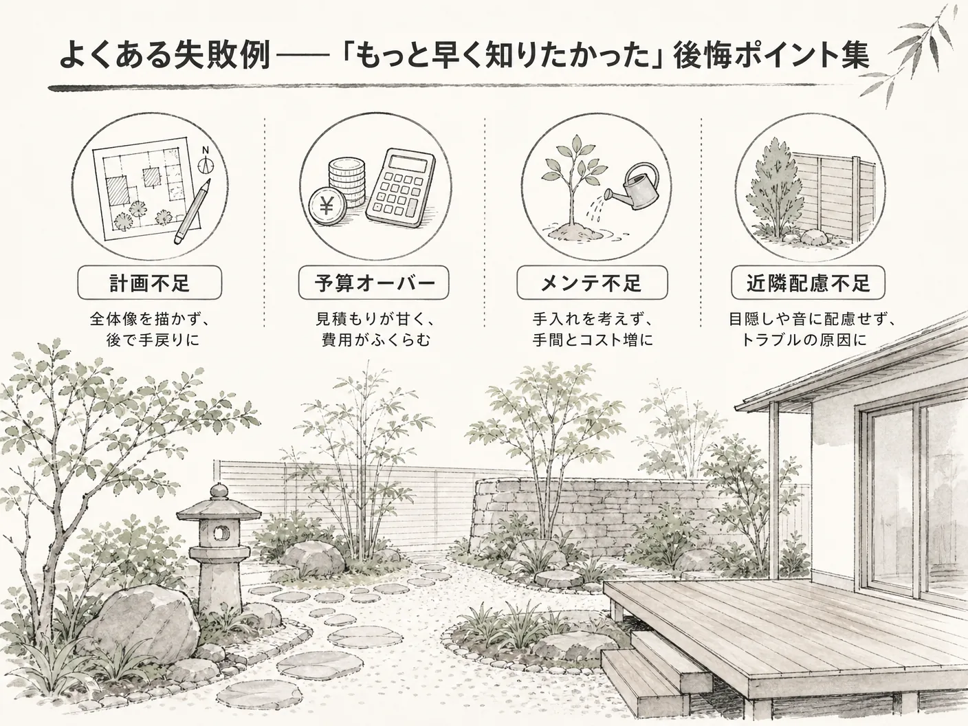 人工木ウッドデッキ 寿命のよくある失敗例——「もっと早く知りたかった」後悔ポイント集を表す図解イラスト