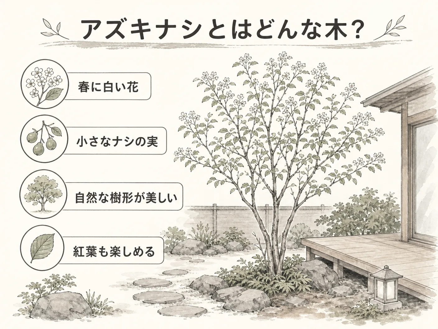 庭木のアズキナシとはどんな木?基本的な特徴と魅力を表す図解イラスト