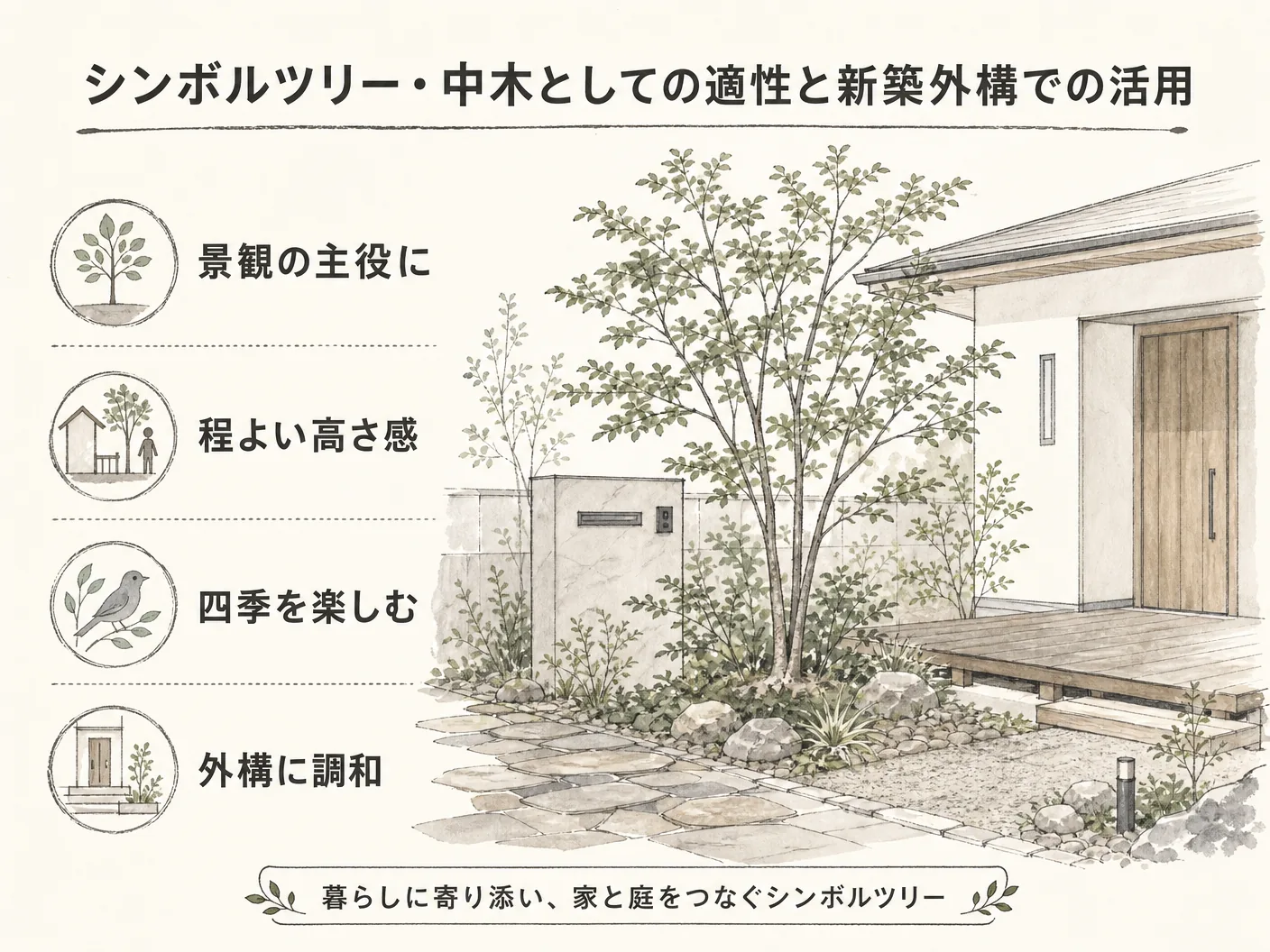 アズキナシ 庭木のシンボルツリー・中木としての適性と新築外構での活用を表す図解イラスト