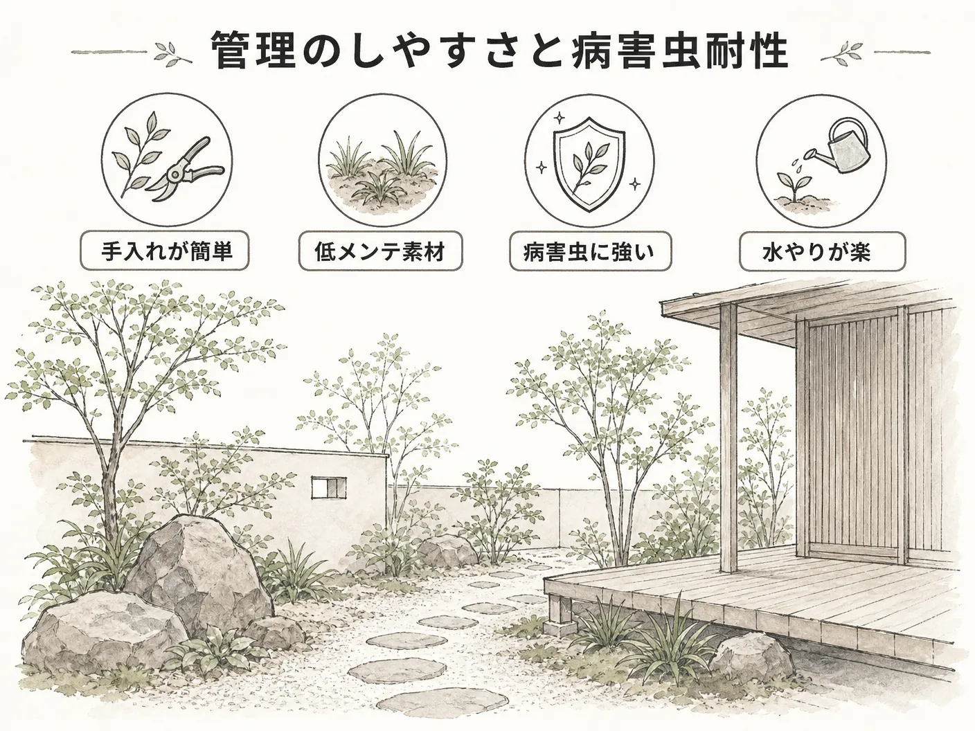 アズキナシ 庭木の管理のしやすさと病害虫耐性|維持面のポイントを表す図解イラスト