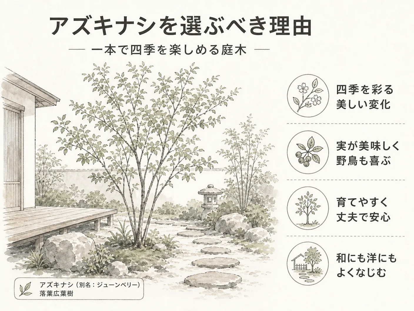 アズキナシを選ぶべき理由|一本で四季を楽しめる庭木を表す図解イラスト