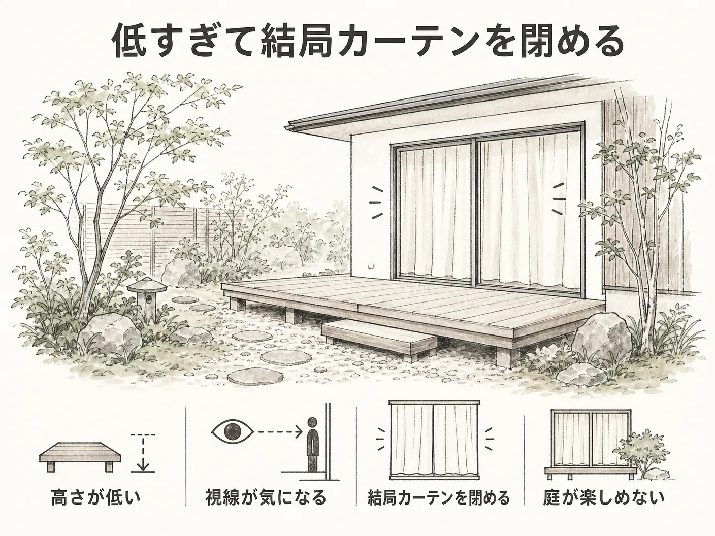 外構 フェンス 後悔の低すぎて結局カーテンを閉めるを表す図解イラスト