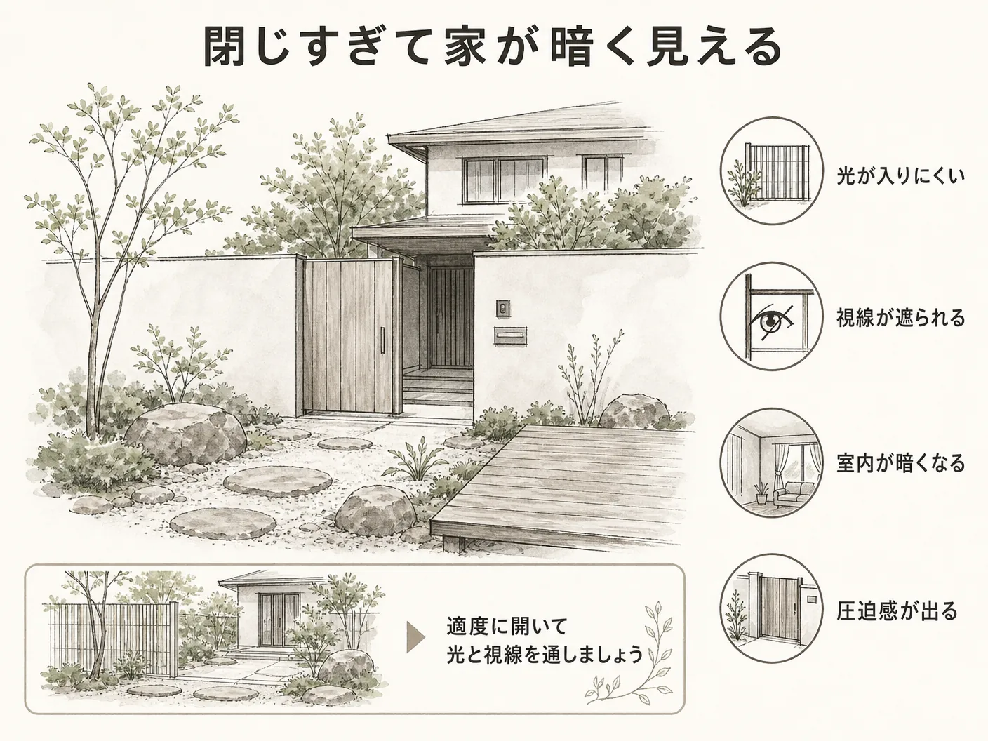 外構 フェンス 後悔の閉じすぎて家が暗く見えるを表す図解イラスト