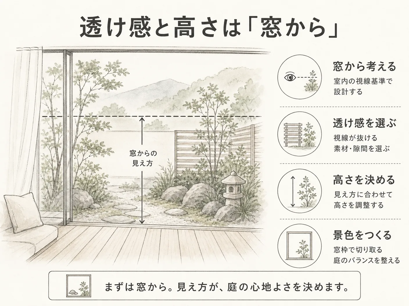 外構 フェンス 後悔の透け感と高さは「窓から」決めるを表す図解イラスト