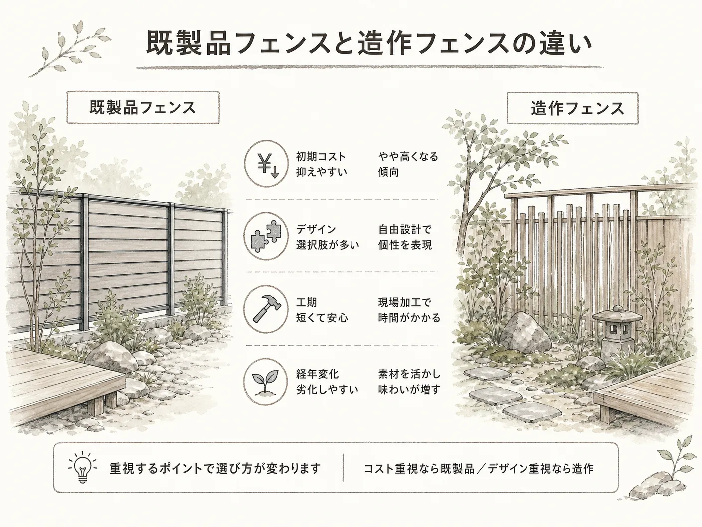 外構 後悔の既製品フェンスと造作フェンスの違いを表す図解イラスト