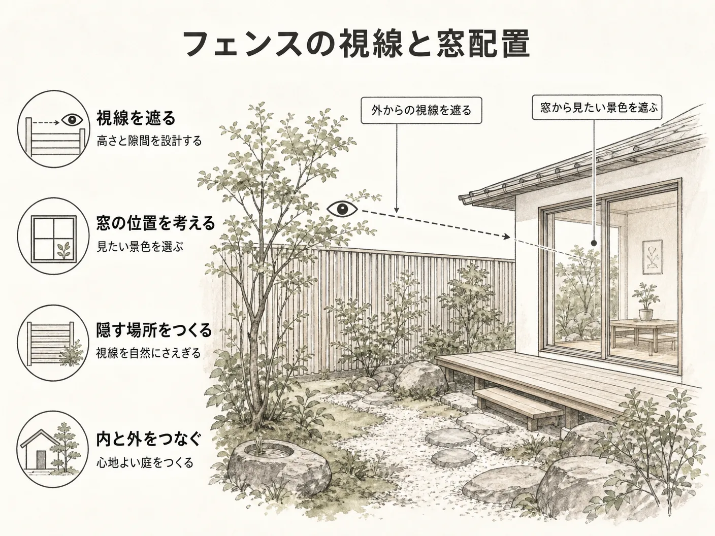外構 後悔のまとめ:フェンスは窓と視線から設計するを表す図解イラスト