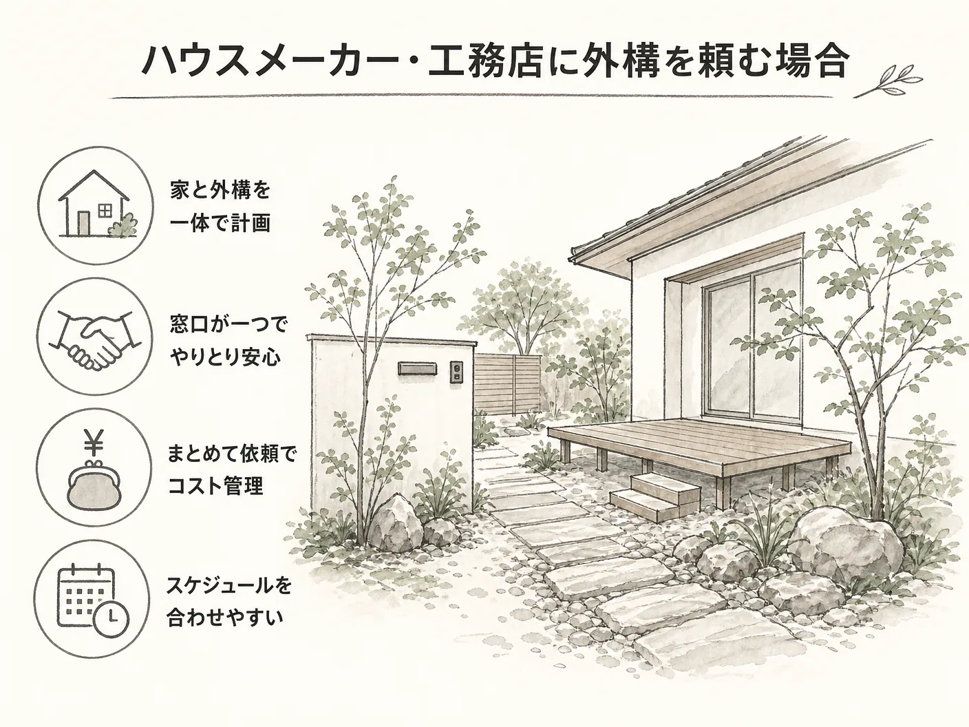 姫路 相談のハウスメーカー・工務店に外構を頼む場合を表す図解イラスト