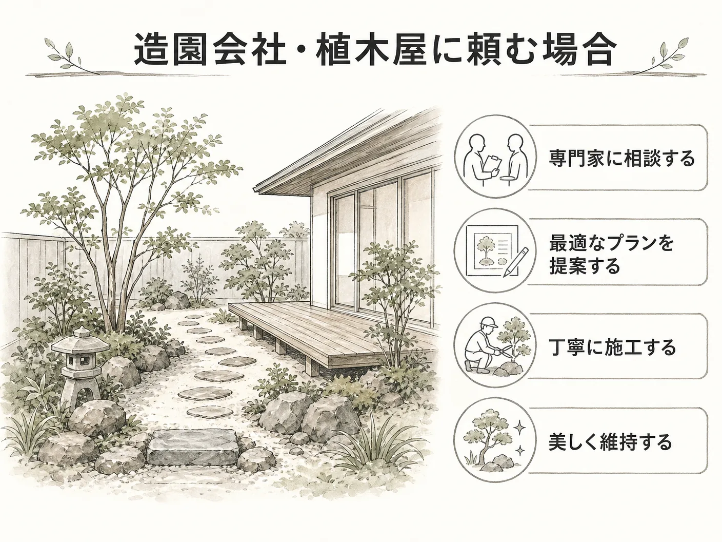 姫路 外構 相談の造園会社・植木屋に頼む場合を表す図解イラスト