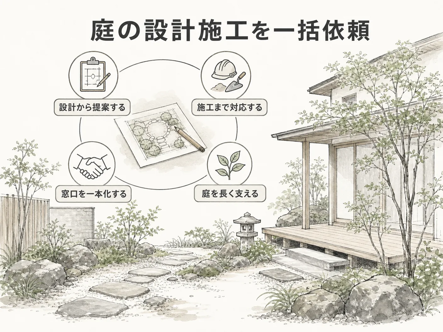 姫路 外構 相談の設計から頼める庭の専門会社という選択肢を表す図解イラスト