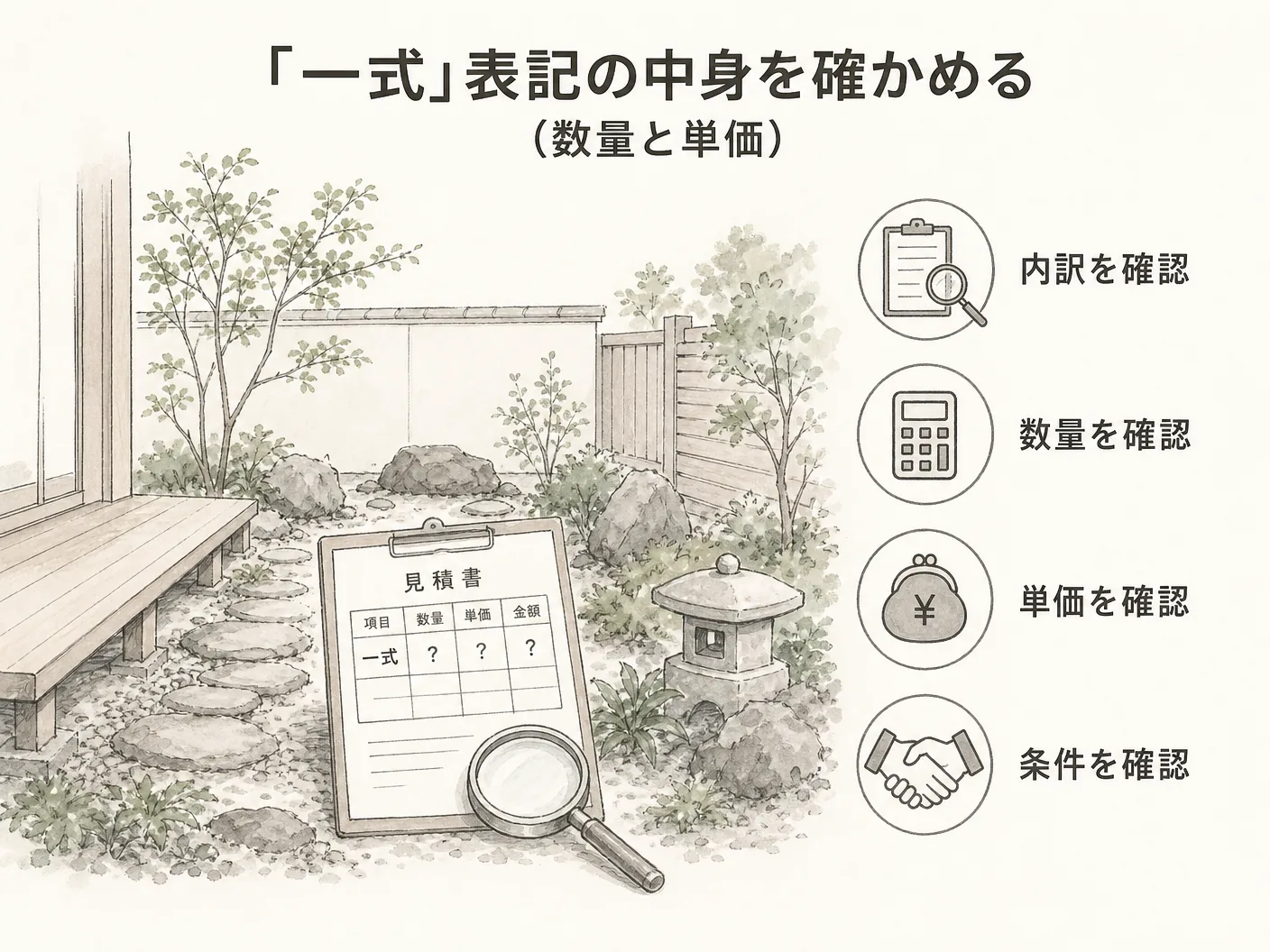 姫路 外構 見積もりの「一式」表記の中身を確かめる（数量と単価）を表す図解イラスト