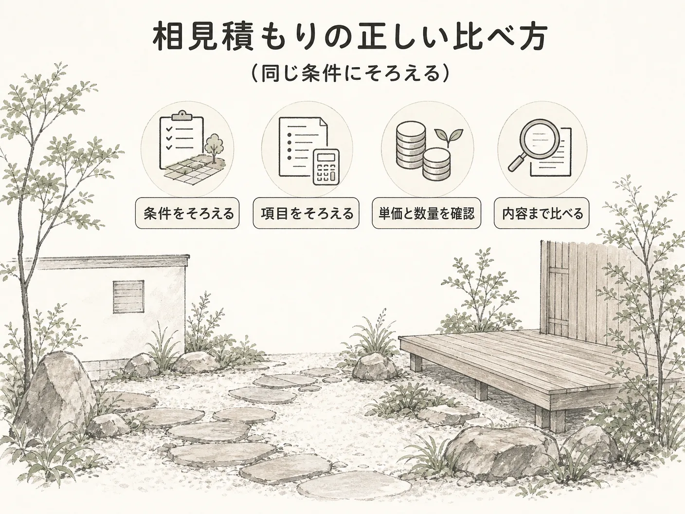 姫路 外構の相見積もりの正しい比べ方（同じ条件にそろえる）を表す図解イラスト