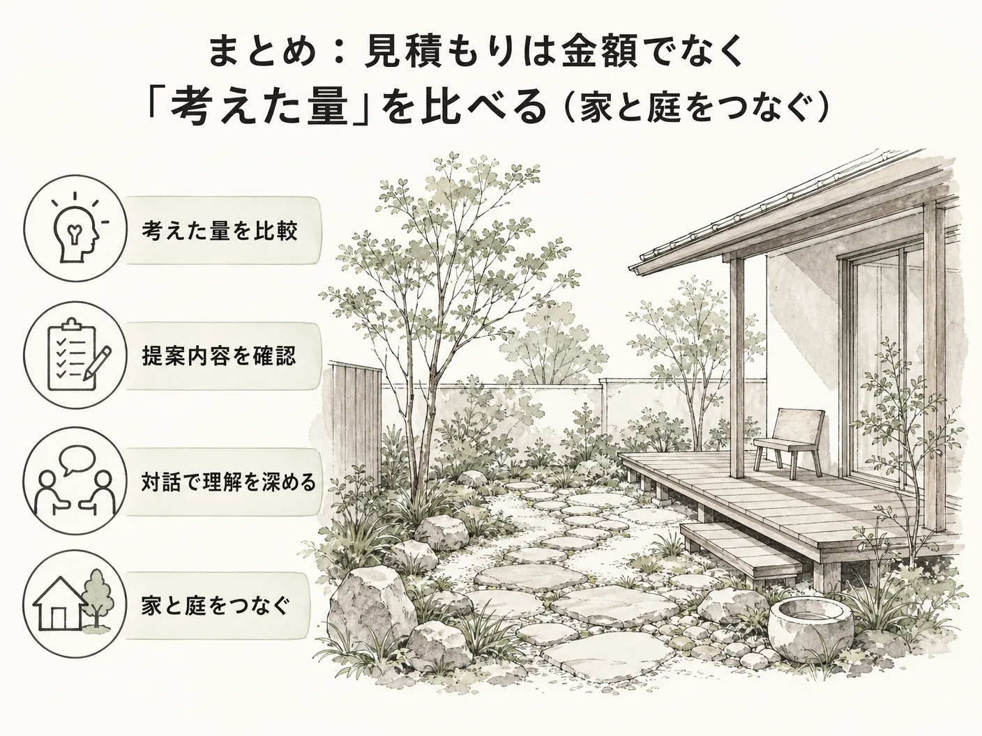 姫路 外構のまとめ：見積もりは金額でなく「考えた量」を比べる（家と庭をつなぐ）を表す図解イラスト