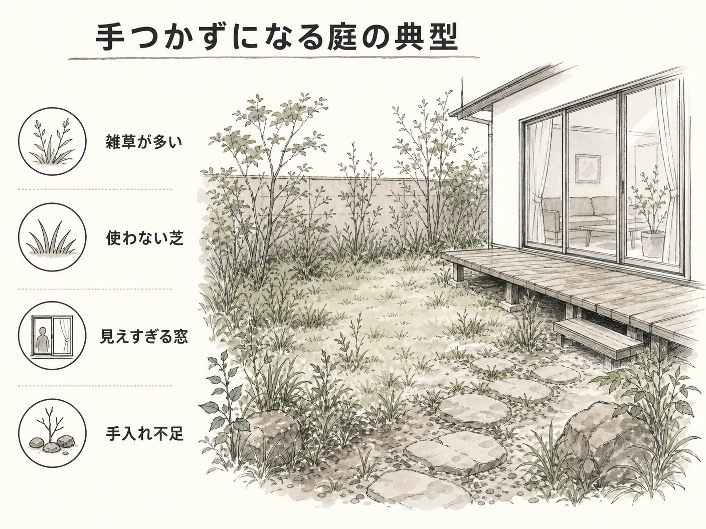 姫路 リフォームの手つかずになる庭の典型(雑草・使わない芝・見えすぎる窓)を表す図解イラスト
