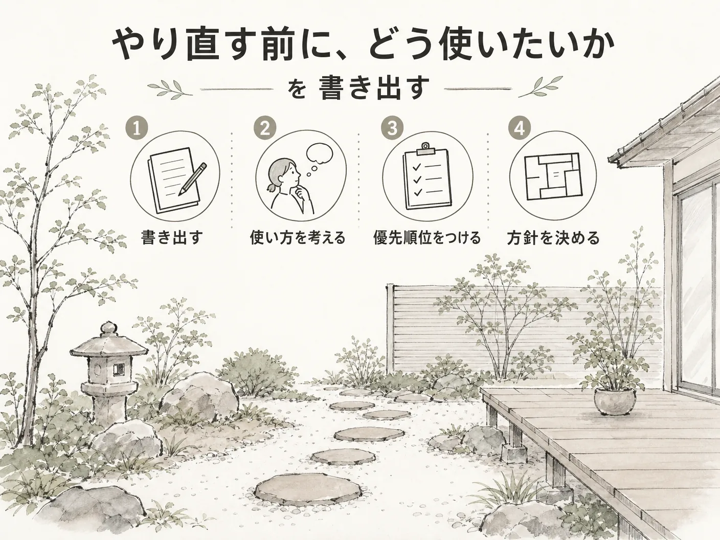 姫路 庭 リフォームのやり直す前に、どう使いたいかを書き出すを表す図解イラスト
