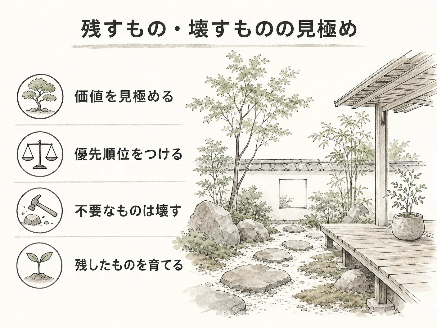 姫路 庭 リフォームの残すもの・壊すものの見極めを表す図解イラスト