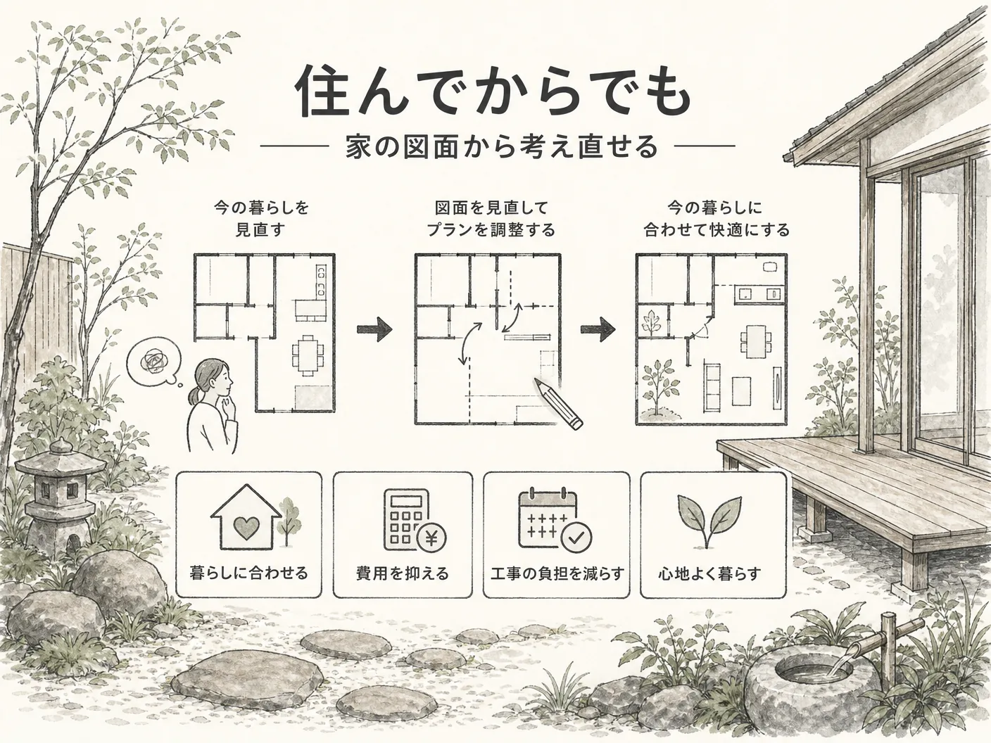 姫路 庭 リフォームの住んでからでも、家の図面から考え直せるを表す図解イラスト