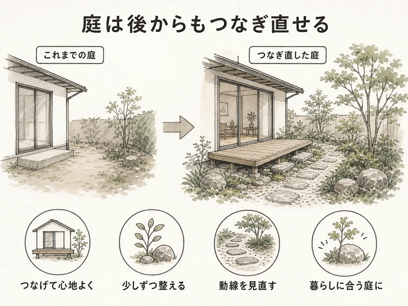 姫路 リフォームのまとめ:庭は住みはじめてからでも家とつなぎ直せるを表す図解イラスト