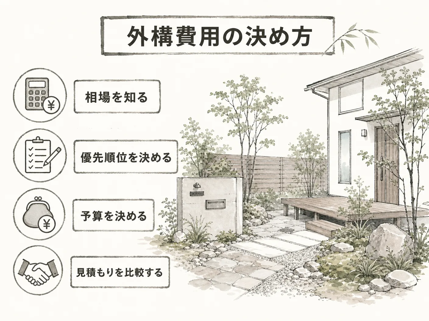 姫路の新築外構の費用相場と予算の決め方を表す図解イラスト